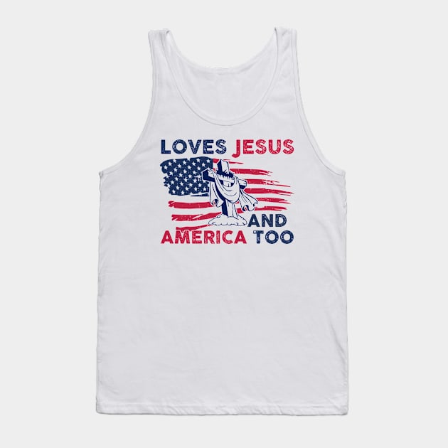 Retro Loves Jesus and America Too God Christian 4th of July Gift For Men Women Tank Top by Los San Der